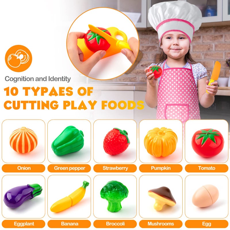 Tigerhu 26PCS Play Kitchen Accessories, Kitchen Pretend Play Cooking Toys w/ Stainless Steel Cookware, Apron & Chef Hat,Pots and Pans Set, Cutting Foods, Great Learning Gifts for Toddler & Boys Girls - Image 3
